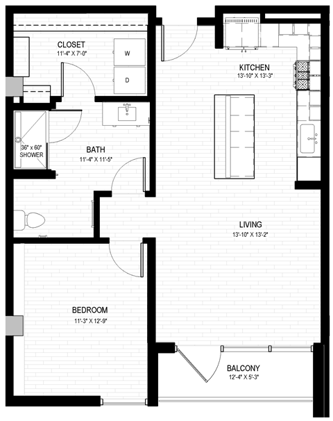 Floor plan for 1 bed, 1 bath, 797 sqft